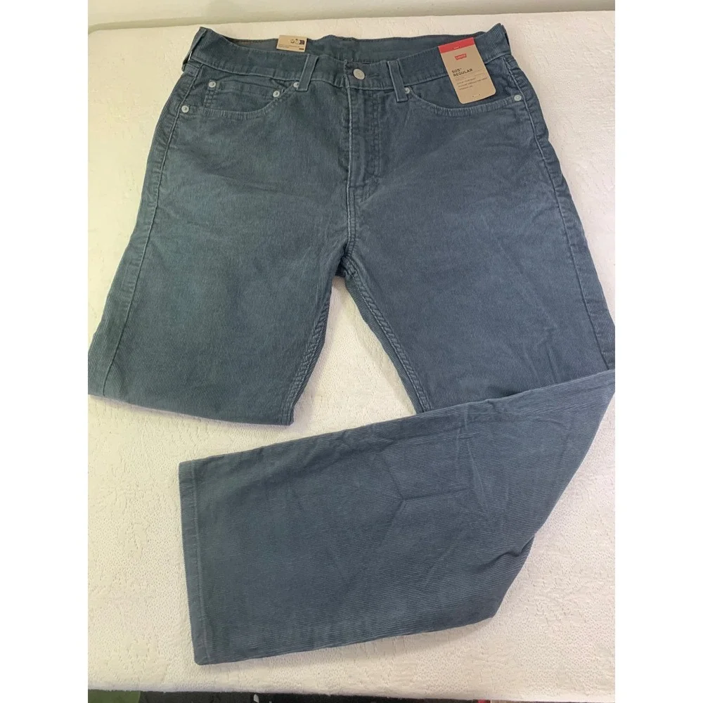 Levis 505 Regular Fit Corduroy Pants Blue Gray Mens 34x30 Stretch Straight Leg